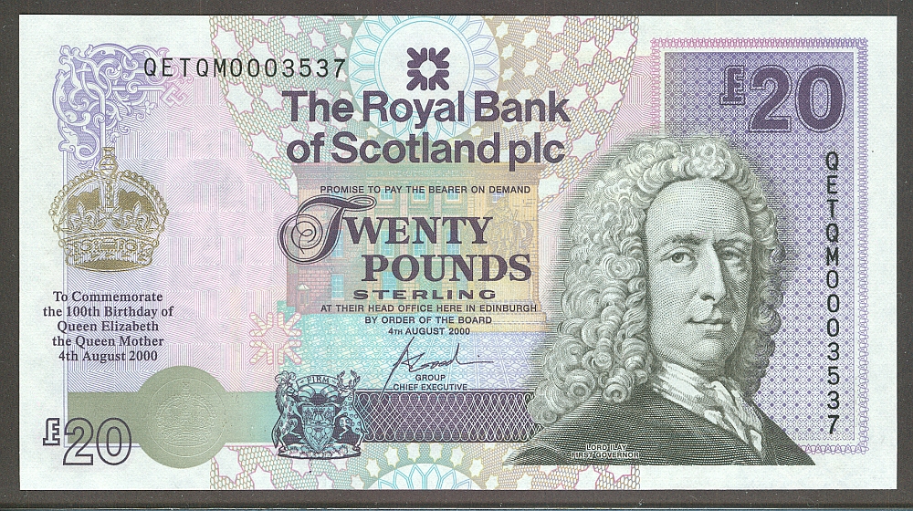 Scotland, P-361, 2000 Royal Bank of Scotland, 20 Pounds "Queen Mother" 100th Birthday note, GemCU